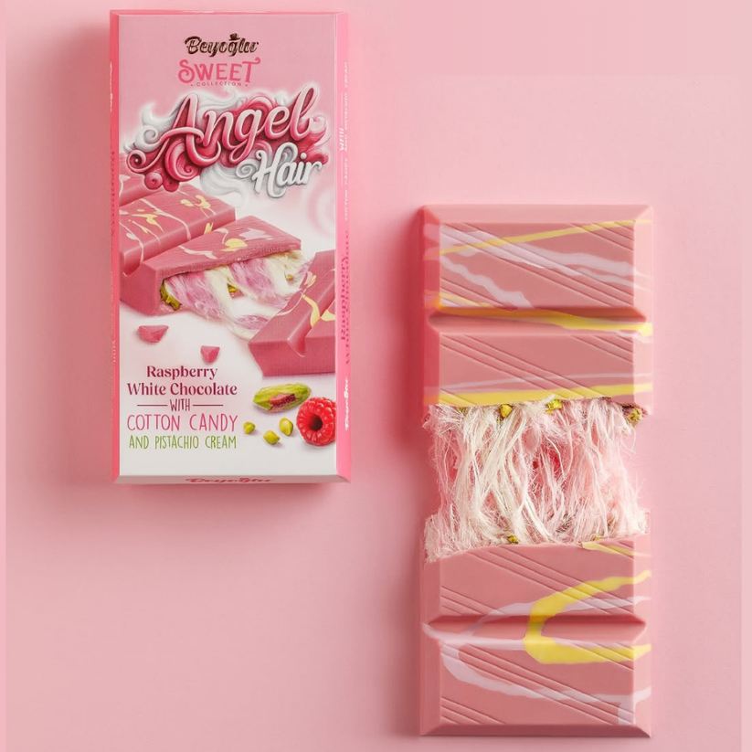 Beyoğlu Angel Hair Raspberry White Chocolate with Cotton Candy and Pistachio Cream - 80g